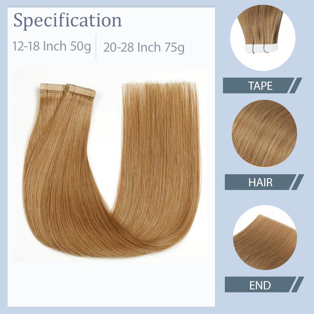 24 Inch #27 Blonde Tape in Extensions Human Hair Honey Blonde Straight Tape ins Hair Extensions Real Hair Skin Weft Seamless Invisible Remy Hair 40g 10Pcs.