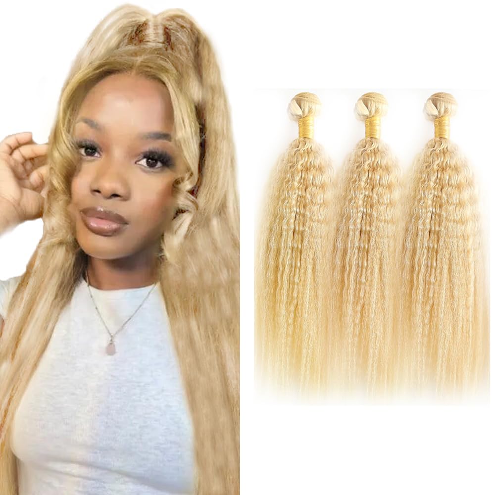 #613 Blonde Bundles Human Hair Kinky Staright Bundles 22 24 26 Inch Yaki Staright Unprocessed Brazilian Virgin Hair Deals Quick Weave Hair Extensions 3 Bundle 50 Gram Per Bundle