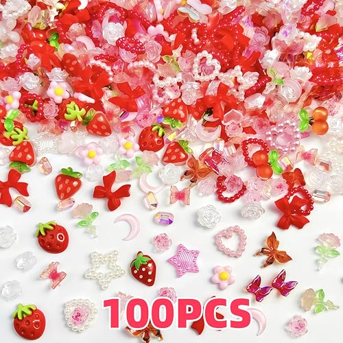 100PCS 3D Strawberry Nail Charms Set - Cherry & Butterfly Designs