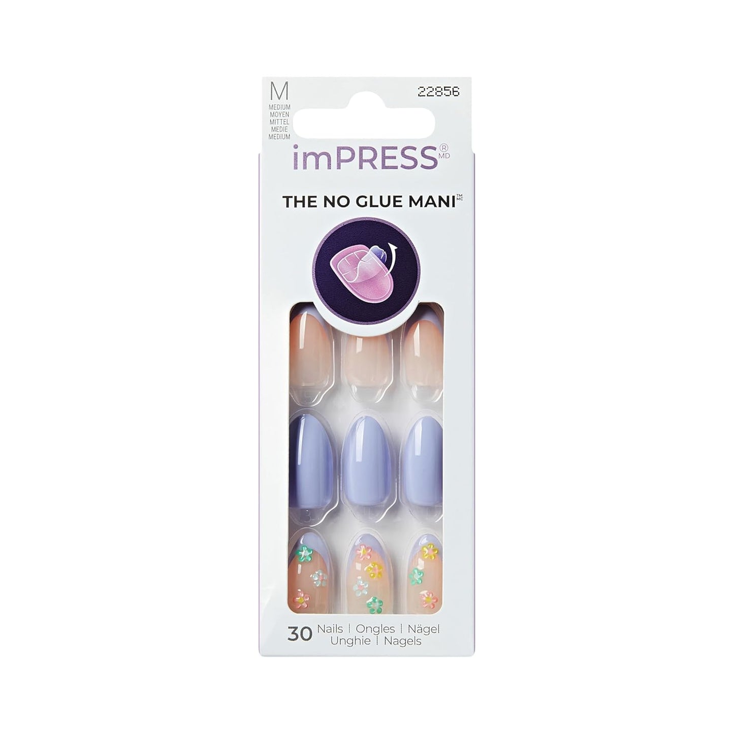 Impress No Glue Mani Press On Nails - Pastel Bloom Design, Medium Almond Shape | 30 Nails, Mini File & Prep Pad Included