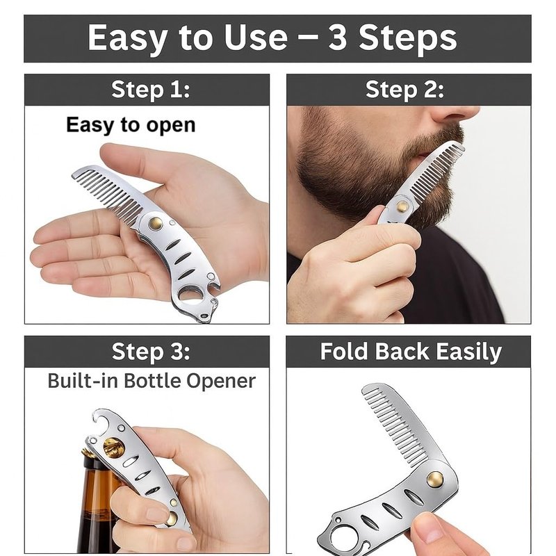 IN SELECT Folding Comb, 304 Stainless Steel Pocket Hair & Beard Comb with Built-in Bottle Opener, Durable EDC Multi-Tool for Everyday Carry, 1 Pack