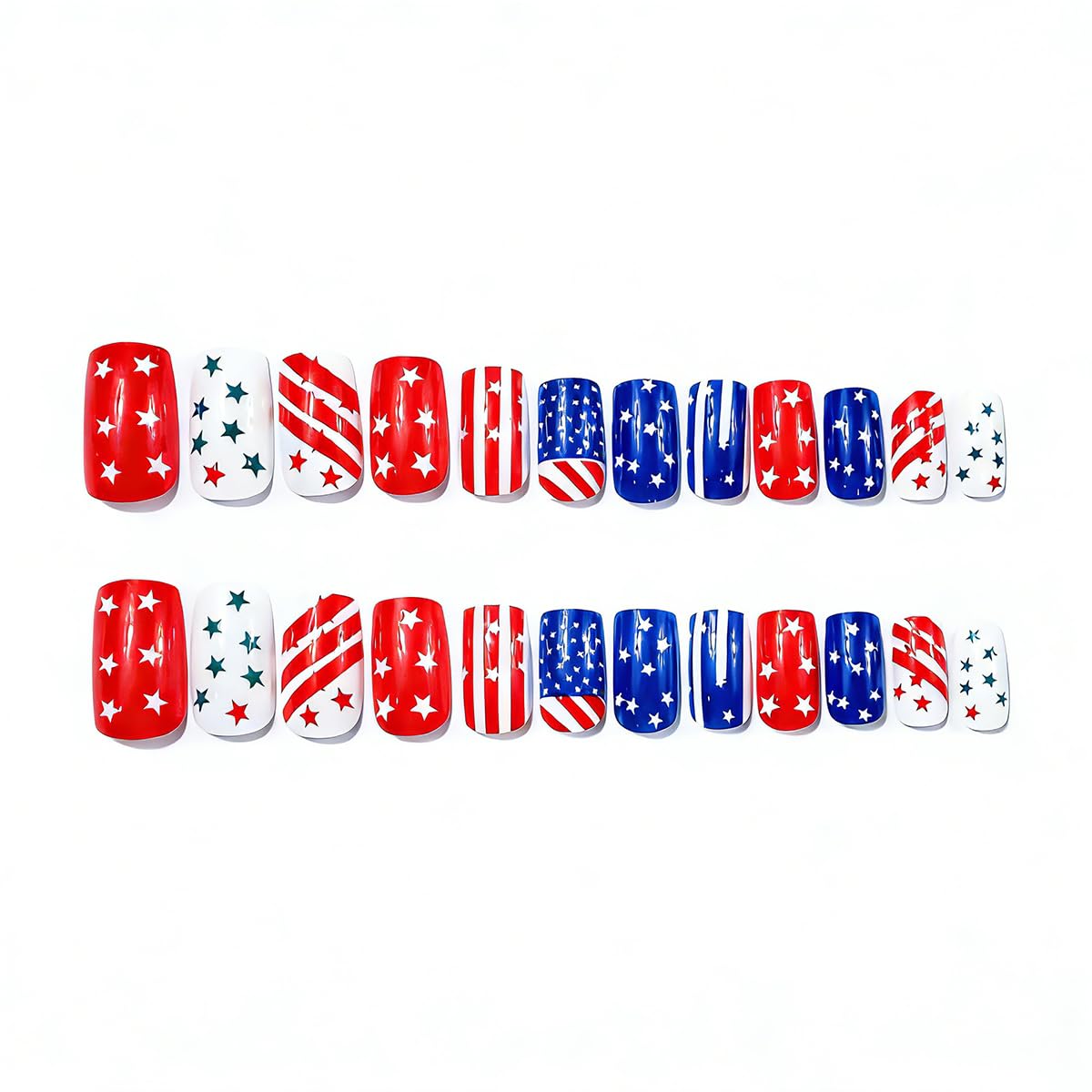 24Pcs 4th of July Press-On Nails - Short Square Acrylic Nails with American Flag Design | Patriotic Red, White & Blue