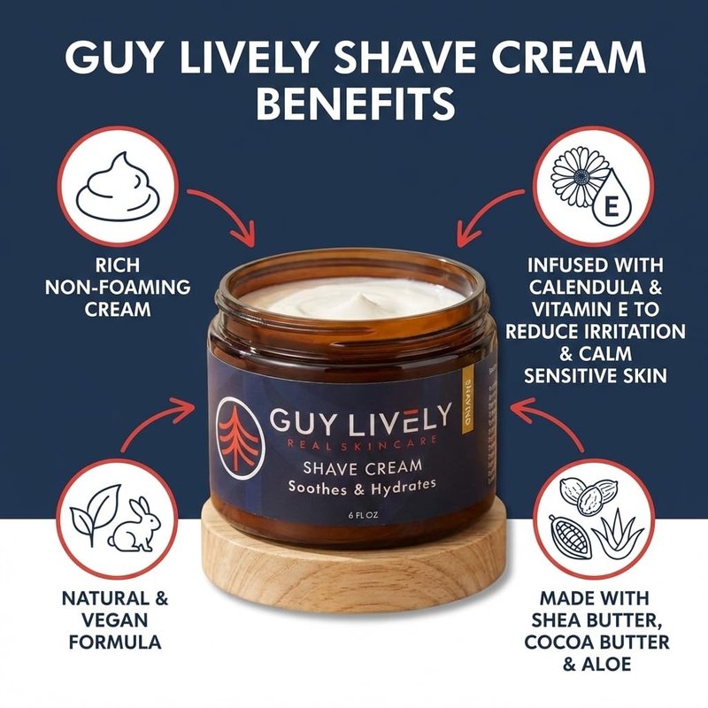 Guy Lively Men’s Natural Shaving Cream, Unscented Non‑Foaming Shaving Cream for Sensitive Skin with Organic Aloe, Shea & Cocoa Butter, Vegan Formula Reduces Razor Burn & Irritation, 6 oz, Made in USA