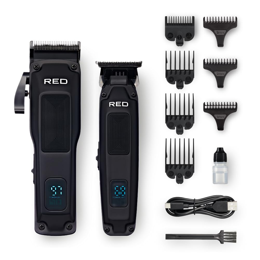 Red by Kiss Cordless Clipper & Trimmer Combo Set for Hair & Beard Grooming, Professional Fade Clipper with Precision T-Blade Trimmer, Rechargeable Haircut Kit for Home & Barber Use (Black)