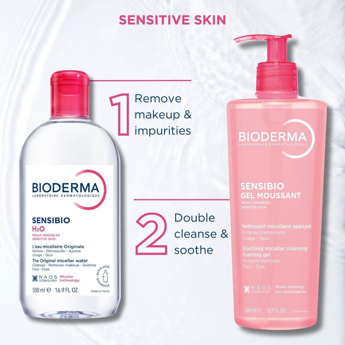 Bioderma Sensibio H2O Micellar Water Pump, Makeup Remover Cleanser, Gentle for Skin, Fragrance-Free & Alcohol-Free, Gentle Face Cleanser for Sensitive Skin, 16.9 Fl Oz