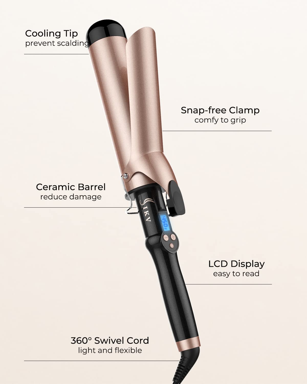 2 Inch Curling Iron Extra Large Barrel for Long Hair, Big Curling Wand Ceramic Tourmaline with LCD Display,10 Temps, Dual Voltage