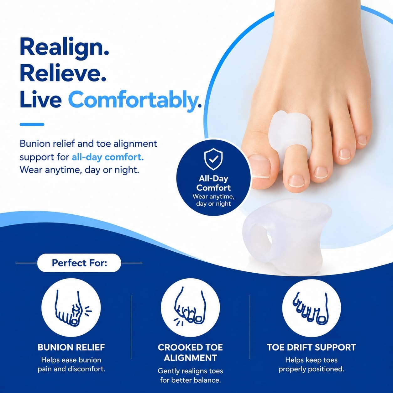 Toe Separators for Women & Men, Gel Toe Spacers, Bunion Corrector for Big Toe Alignment, Reusable, 4 Pack (White)
