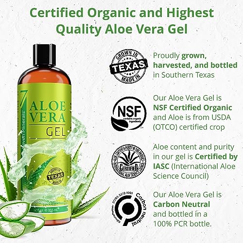 Seven Minerals Aloe Vera Gel with Freshly Cut Pure Organic Aloe - Big 12oz - Texas Grown, HighestQuality, Vegan, Unscented, Non-Sticky - After Sun, Sunburn Relief, Skin & Face Moisturizer, Hair Mask
