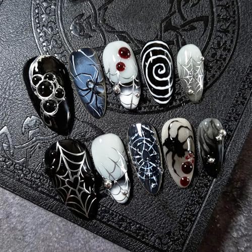 24pcs Halloween Almond Press On Nails with Spider Designs