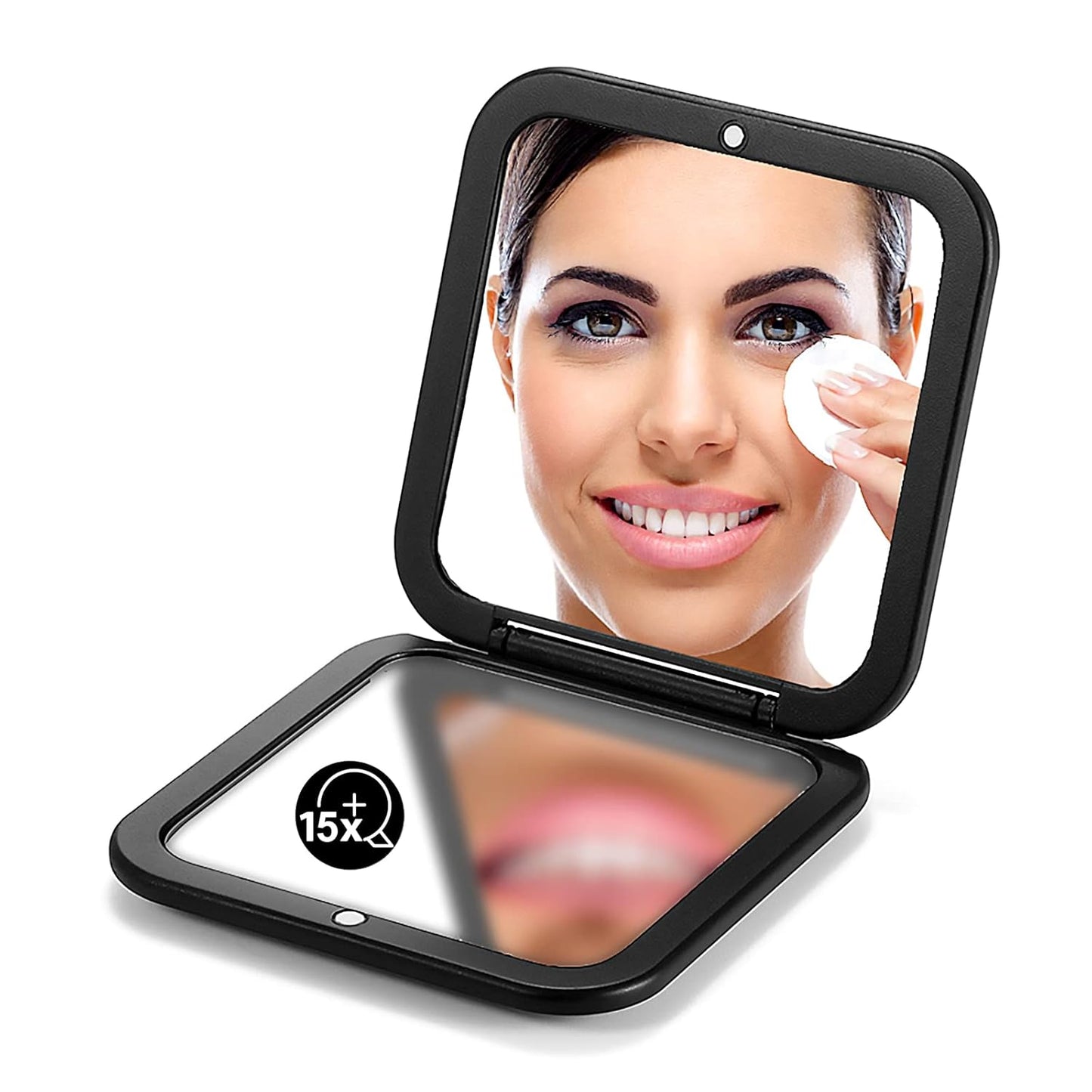 Folding Compact Mirror - 1X/15X Magnification | 3½” Pocket Size Travel Makeup Mirror (Black)