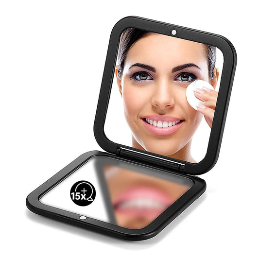 Folding Compact Mirror - 1X/15X Magnification | 3½” Pocket Size Travel Makeup Mirror (Black)
