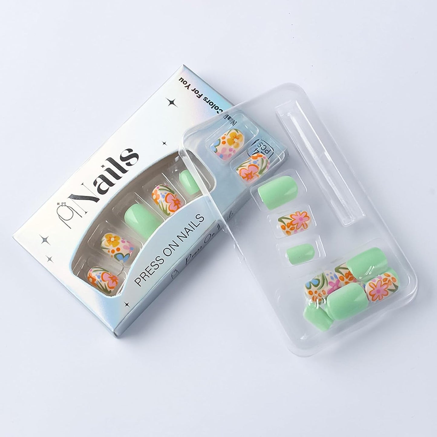 Press On Nails - Sage Green Short Square Fake Nails with Floral Design | 24 Pcs Reusable Glossy Artificial Nails for Women