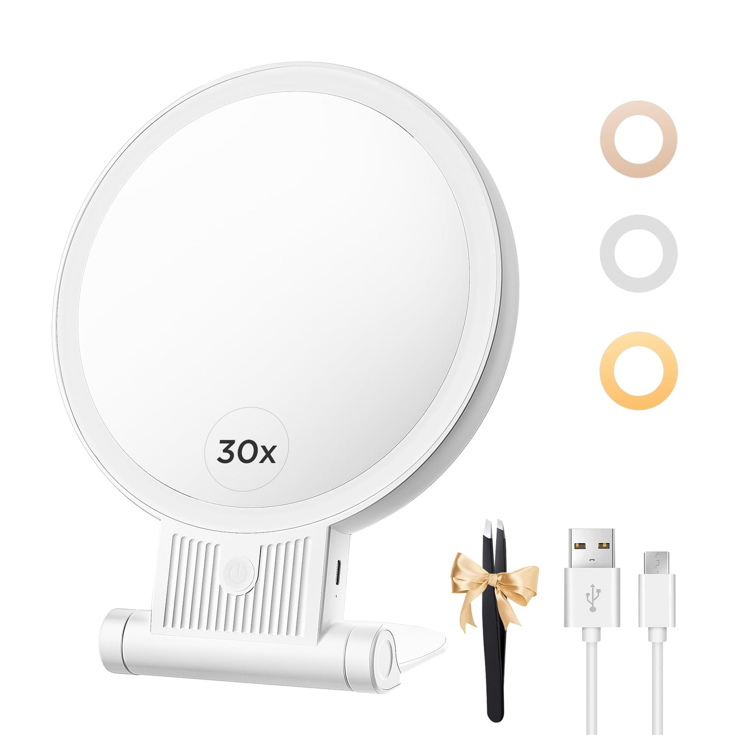 tubbede 1X/30X Lighted Makeup Mirror with Magnification, Double-Sided Switch, 3-Color Lights, 2000mAh Rechargeable, Adjustable Brightness for Vanity Table or Bathroom (White)