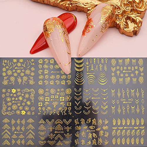 Gold Flower Nail Art Stickers - 12 Styles Self-Adhesive Decals
