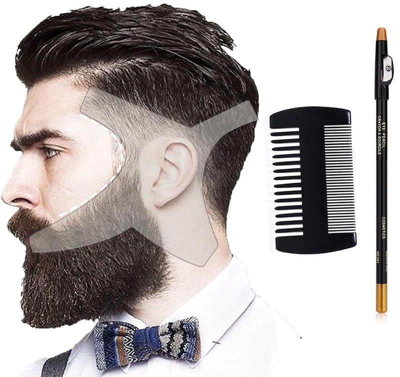 Beard Shaping Tool Template Men -(White) 100% Clear - Premium & Friendly Gift Package -Barber Pencil - Wooden Comb - Best Facial Hair Shaper Instrument - Great All Kind Beards & Shape Style