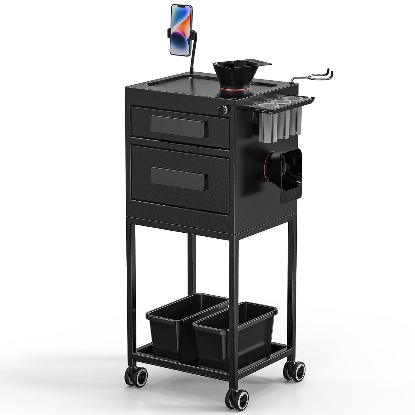 Salon Trolley Cart - Hair Stylist Station with Lockable Drawer, 2 Magnetic Color Bowls & Storage Baskets | Black Metal Design
