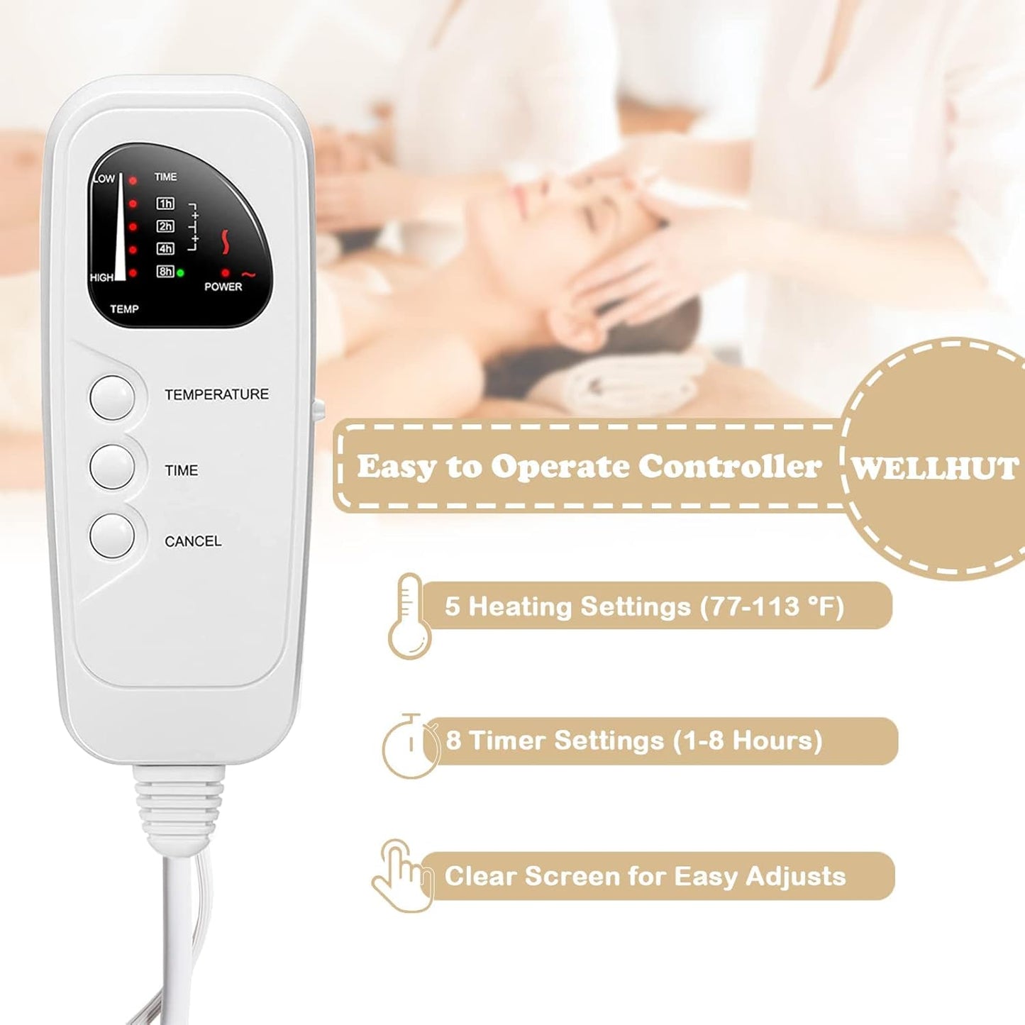 Massage Table Warmer - UL Certified Heating Pad with Deluxe Fleece Cover | 5 Heat Levels, 8 Timer Settings, 12 Ft Cord
