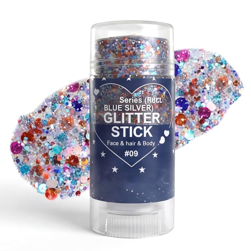4th of July Glitter Stick, 2026 New Red, White & Blue Body & Hair Sparkle for 4th of July, Patriotic Red White and Blue Body Glitter Stick Makeup for Independence Day 250 Anniversary (Blue Silver)