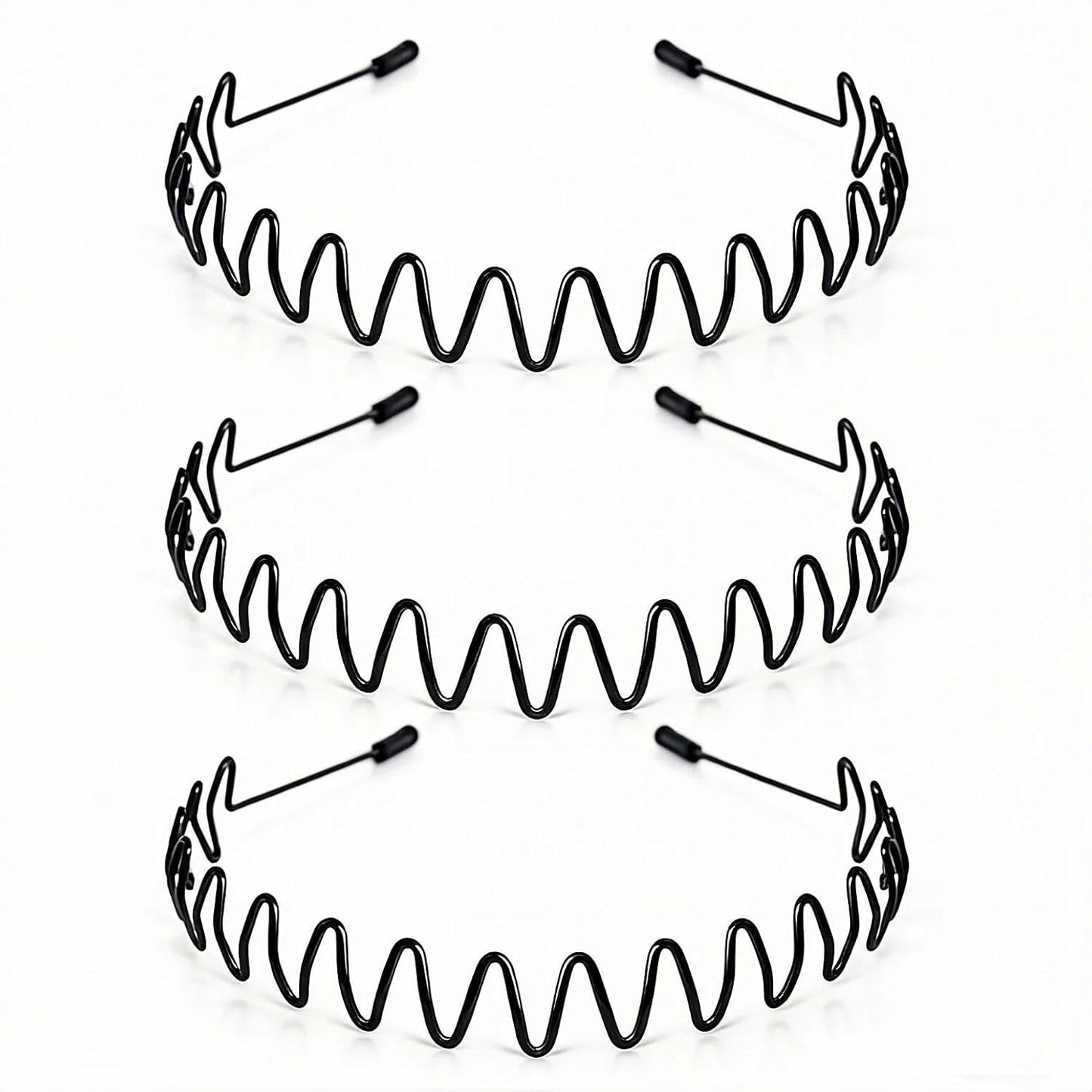 Adjustable Metal Headbands for Men & Women - Non-Slip Zigzag Design | 3 Pack Black Sports Hairbands for Running & Workouts