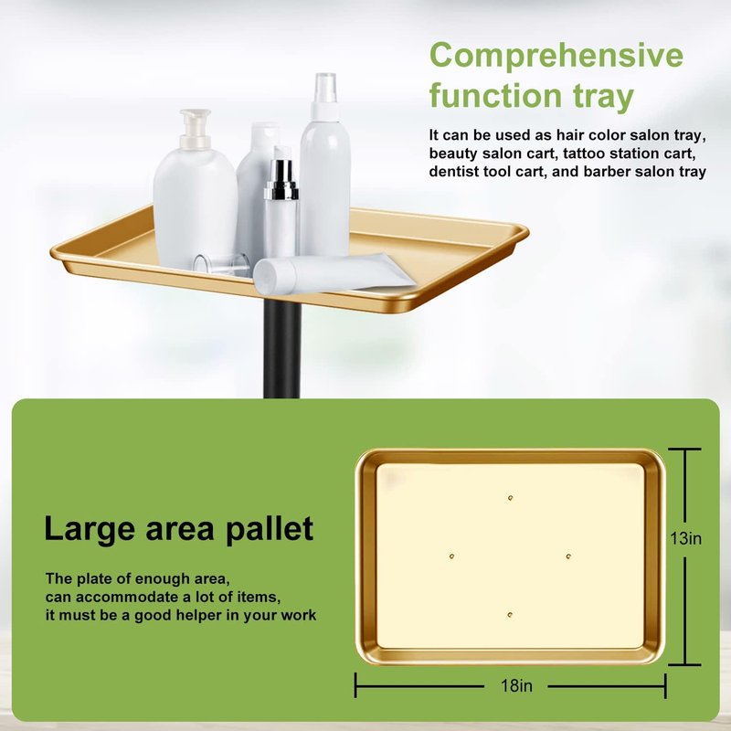 Premium Aluminum Rolling Tray - Adjustable Height Tattoo & Hairstylist Tray with Wheels | Gold Finish
