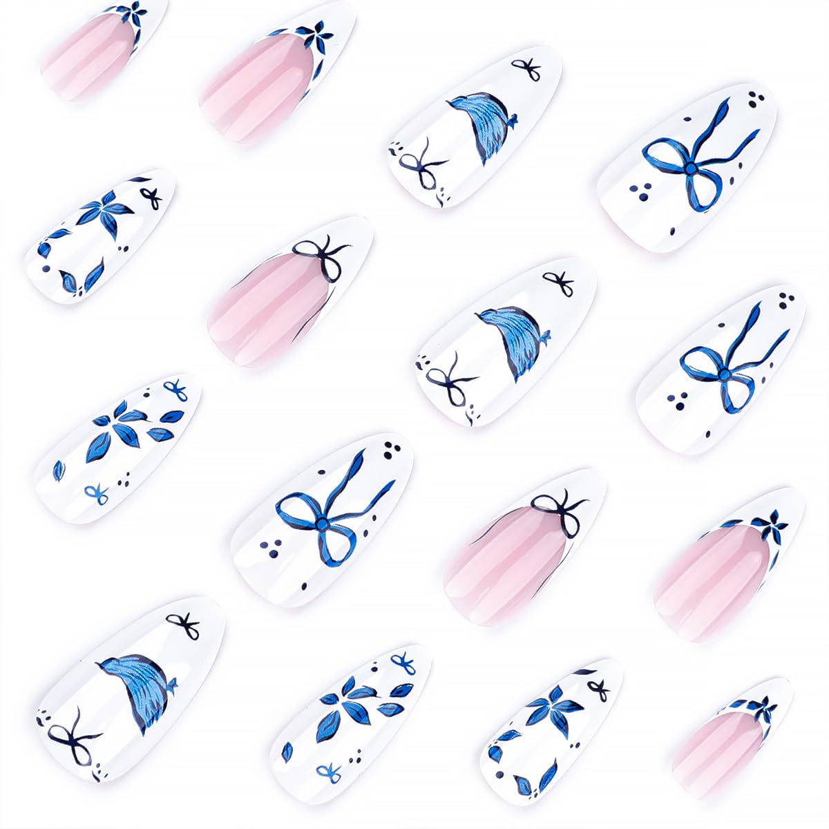 Blue Flower Press-On Nails - Medium Almond French Tip with Bow Design | Glossy Full Cover for DIY Manicure