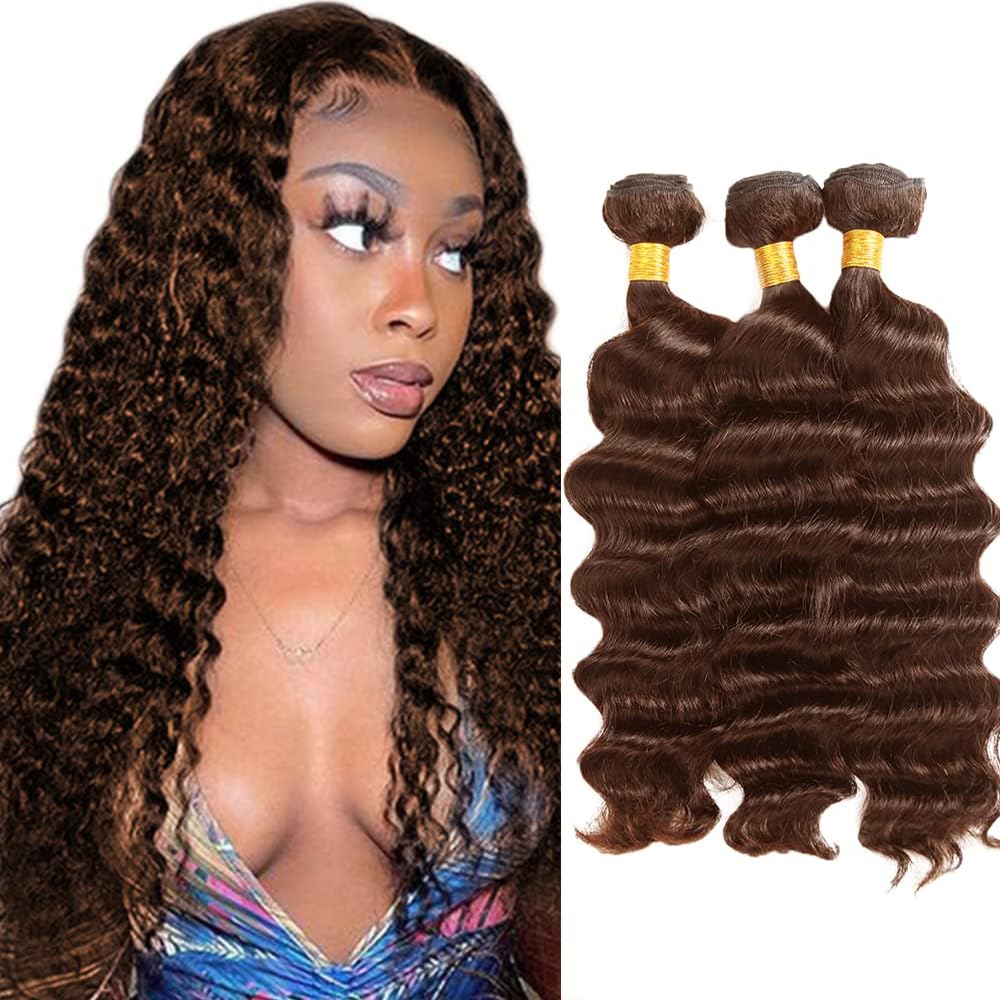 HeioWuio 16 18 20 Inch #4 Brown Bundles Deep Wave 3 Bundles Human Hair Brazilian Remy Hair 50 Grams/Bundle Unprocessed Virgin Hairs Chocolate Brown Color Deep Wave Bundle Weaves Extensions