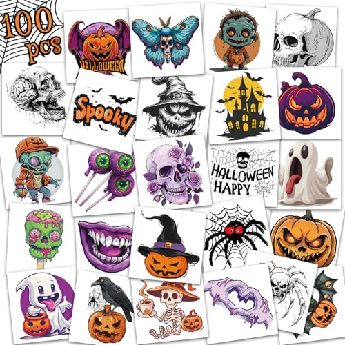 Ozepao 100 Pcs Halloween Temporary Tattoos - Pumpkins, Ghosts & More