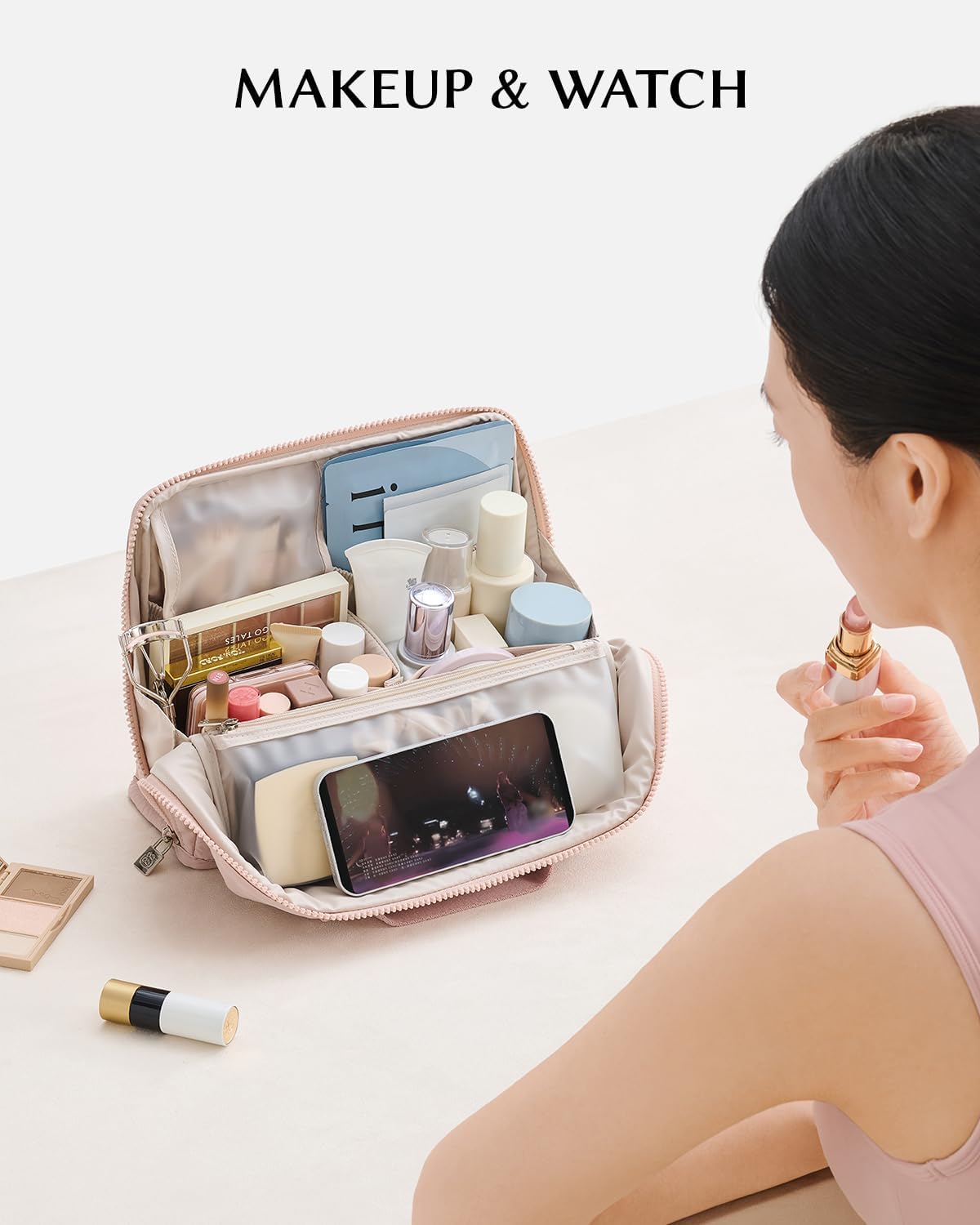 Large Waterproof Makeup Bag - Standing Cosmetic Organizer with Phone Holder & Detachable Dividers | Wipe-Clean Brush Pouch for Women