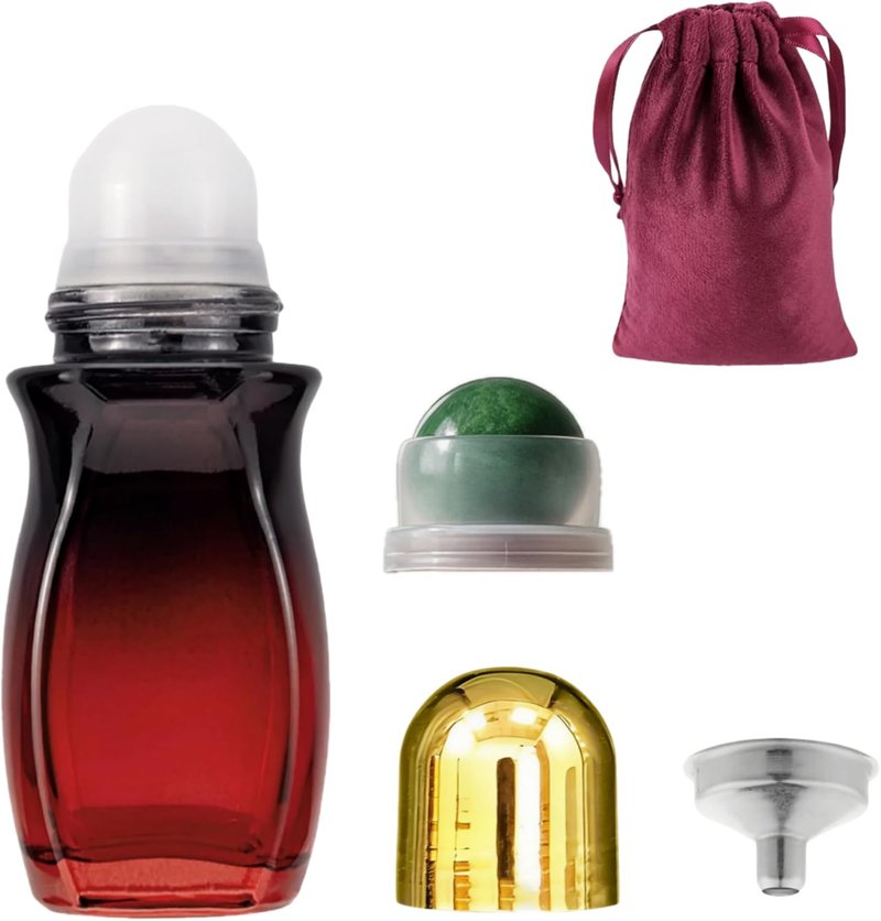 Rose Quartz Roller Bottle - 50ml Refillable Amber Glass Container | Leak-Proof Design with Green Pearl Rollerball