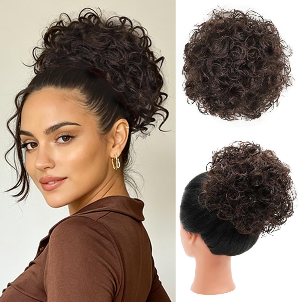 Curly Messy Bun Hair Piece - Short Synthetic Loose Wave Updo | Dark Brown Drawstring Style