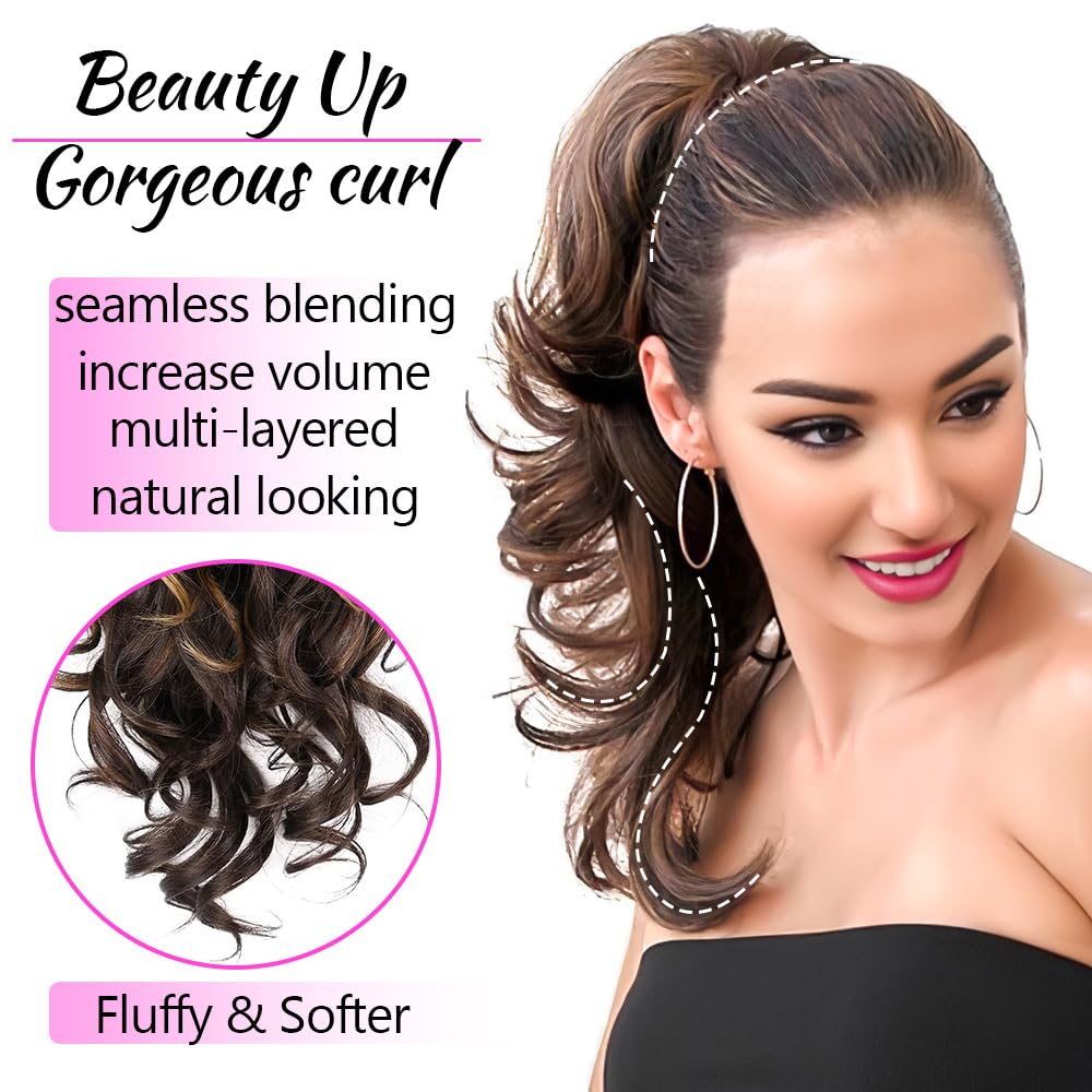 Curly Ponytail Drawstring, 16 In, Light Brown with Highlights
