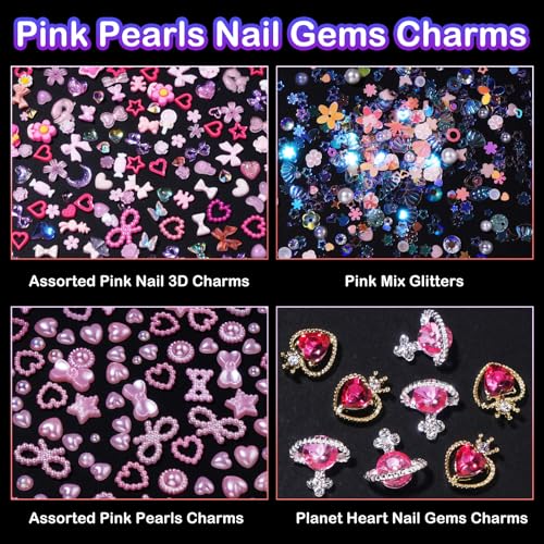 Tatiwoo S3 Pink 3D Pearls & Gems Nail Charms Set for Nails & Art