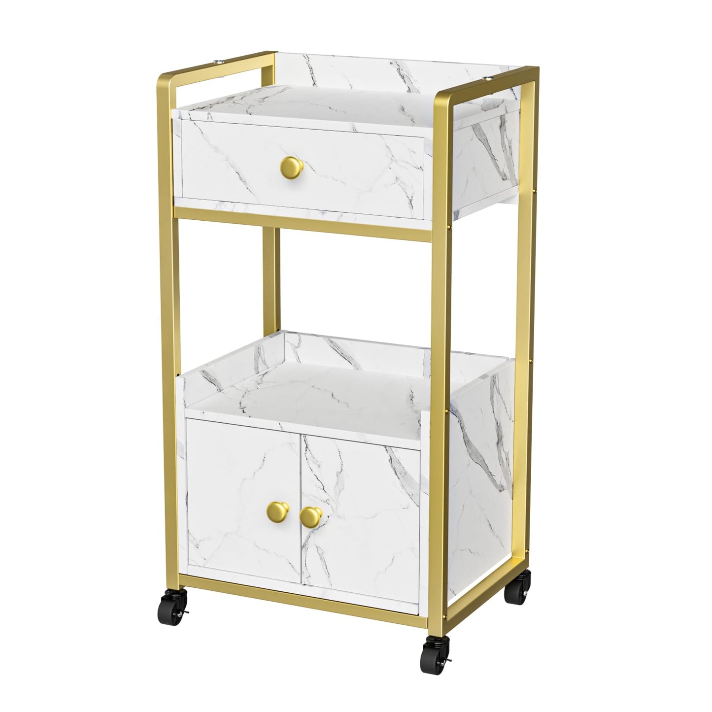 OmySalon Salon Trolley Cart, Esthetician Cart with Wheels & 1 Drawer Cabinet, Hair Stylist Cart for Beauty Spa Massage Tattoo Esthetic Facial Tool Holder Station, White Marble