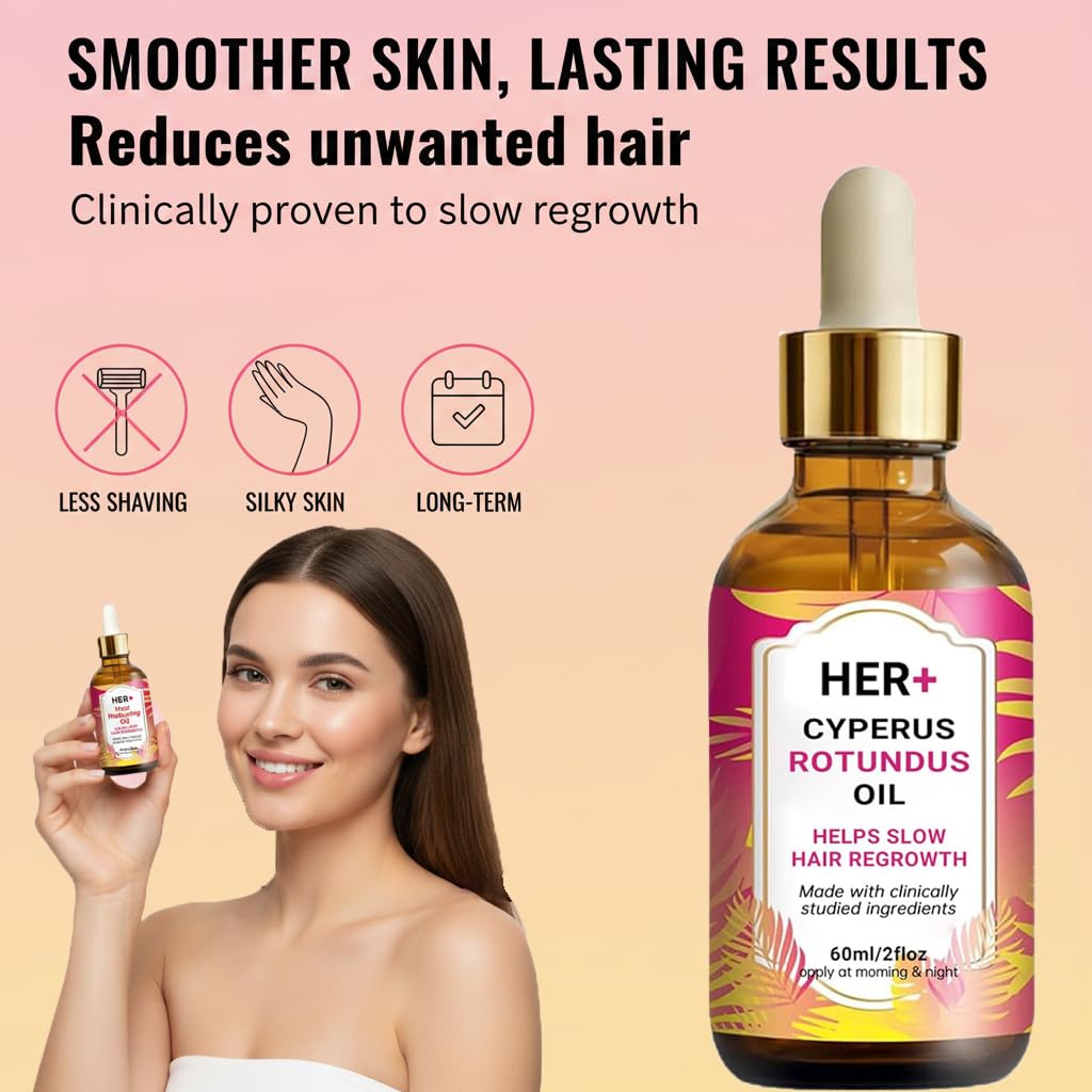 Her+ Hair Removal Oil - 60ml Organic Cyperus Rotundus Serum for Smooth Skin | Moisturizing & Soothing with Peppermint