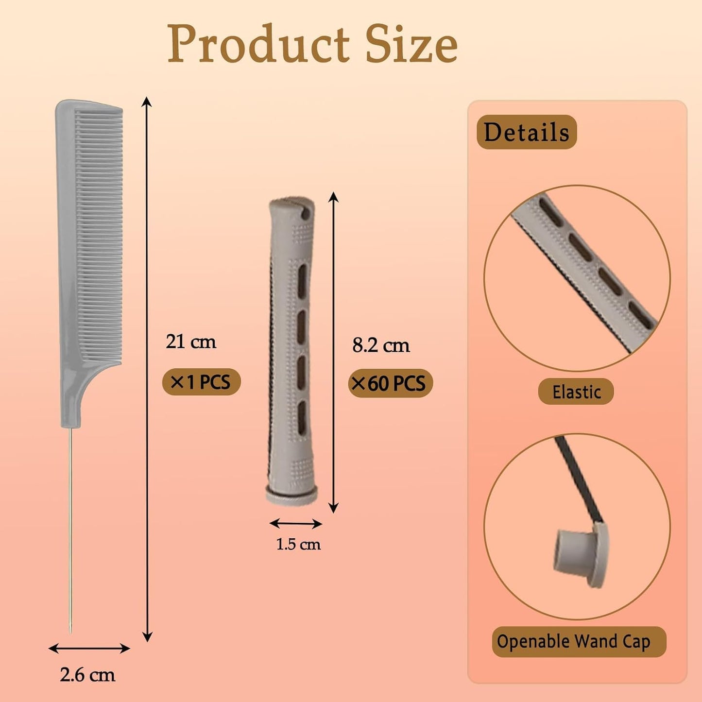 Hair Perm Pods - 60 Plastic Perming Rods & Curlers with Steel Pintail | Grey, 1.5 Cm (0.59 Inch)