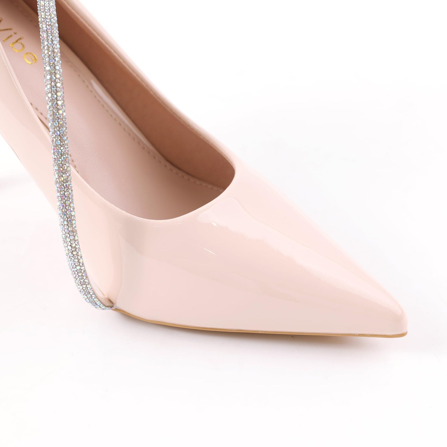 Elegant Crystal-Strap Stiletto Heels, Patent Leather Pointed-Toe Pumps with Gold Accent & Pearl-Embellished Buckle, Chic High Heels for Evening, Office, or Special Occasions (Beige, US Footwear Size System, Adult, Women, Numeric, Medium, 5)