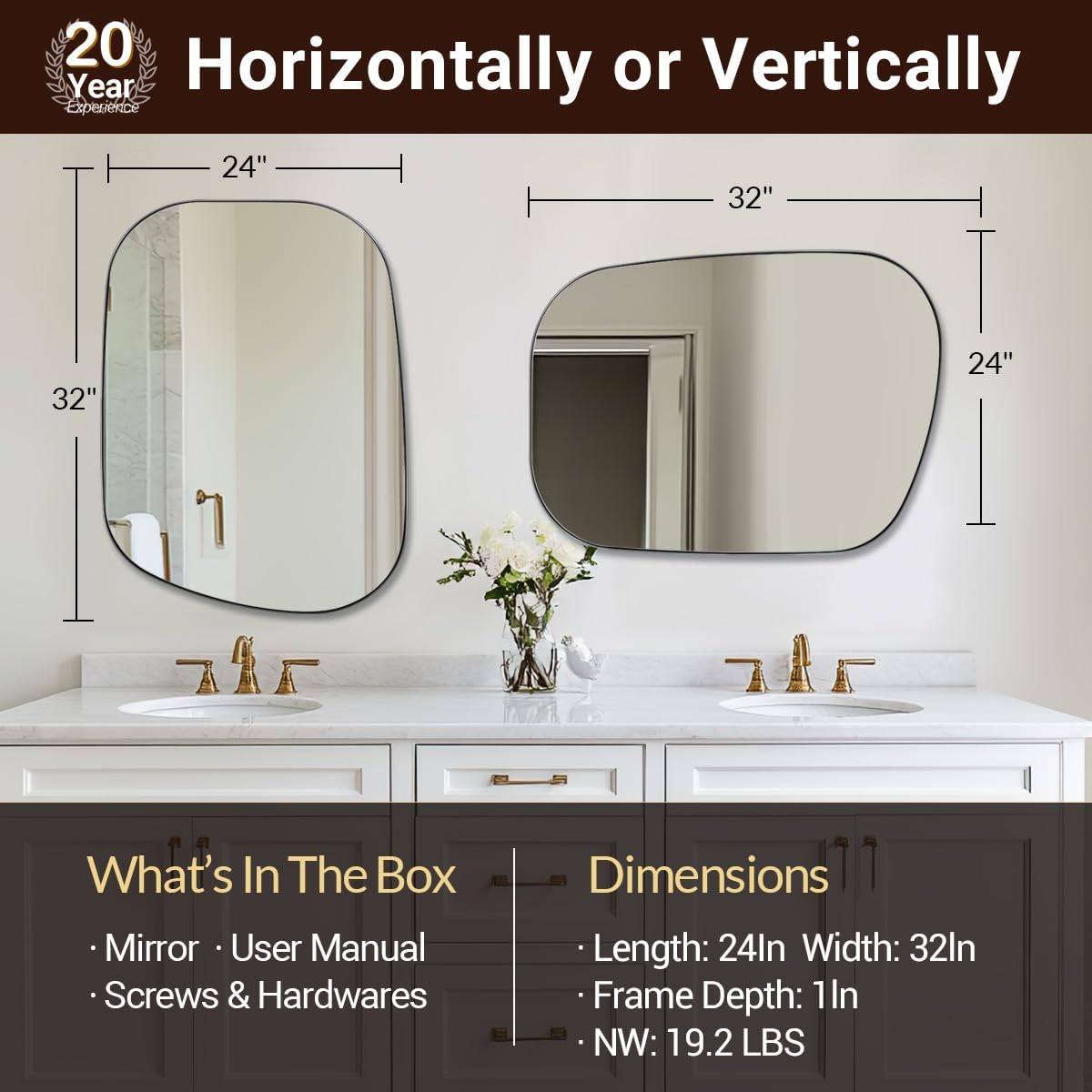 Chrome Asymmetrical Wall Mirror - Unique 24"x32" Irregular Design with SUS304 Stainless Steel Frame for Bathroom, Bedroom, Entryway