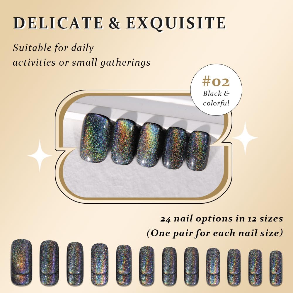 Black Chrome Metallic Cat Eye Press-On Nails - Medium Square | Iridescent Glitter Halloween Design