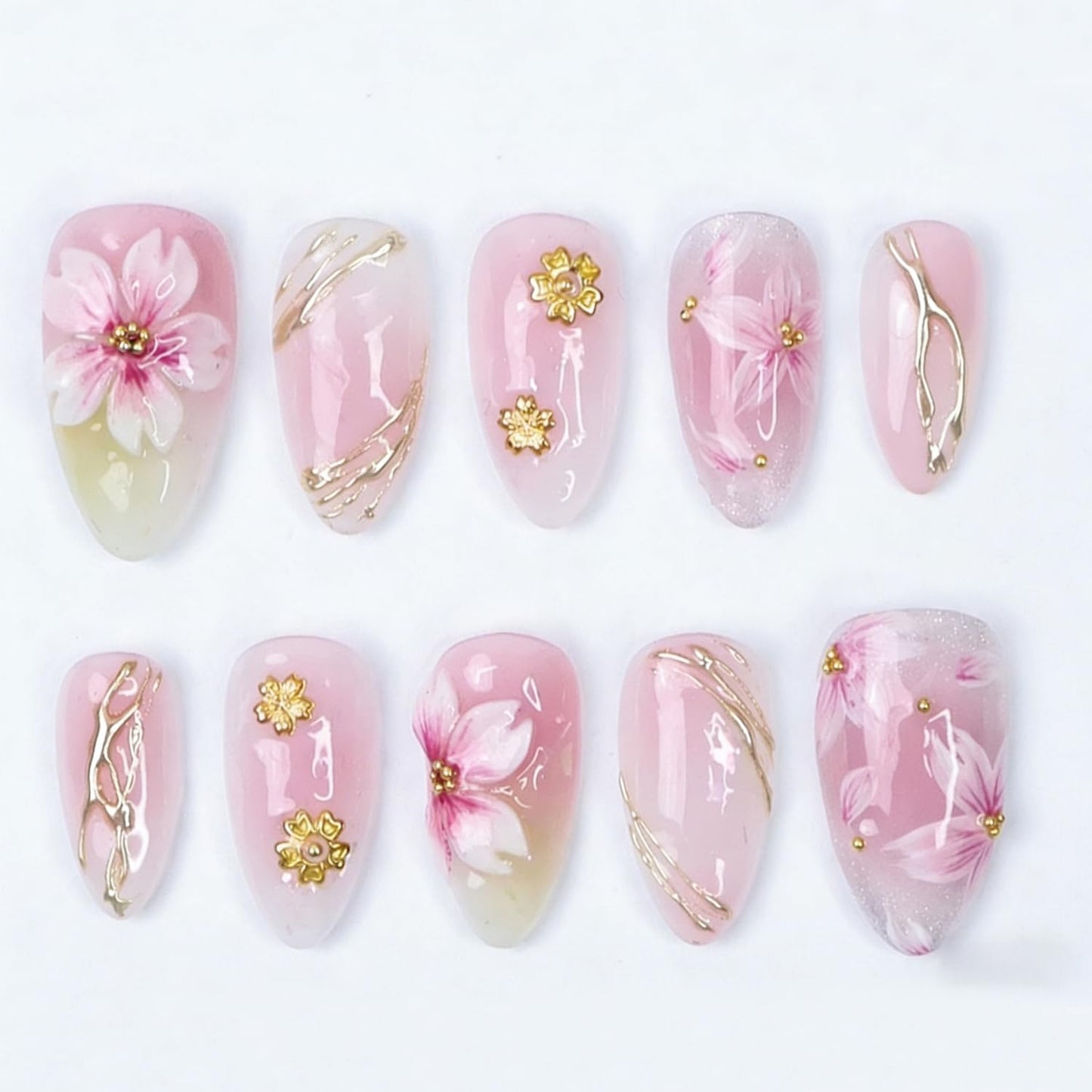 French Tip Press-On Nails - 24pcs Medium Almond with 3D Floral Gold Pearl Shell Designs | Summer Glitter Acrylic Full Cover