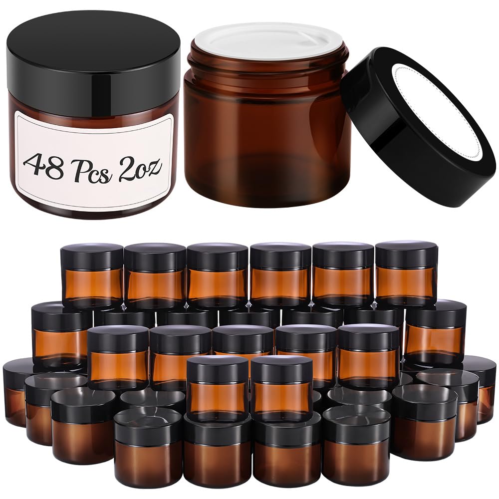 2 oz Glass Jars with Lids, 48 Pcs Bumobum Small Amber Glass Candle Jars with Black Lids, White Labels & Inner Liners, Empty Round Cosmetic Containers for Cream, Lotion, Slime, Ointment