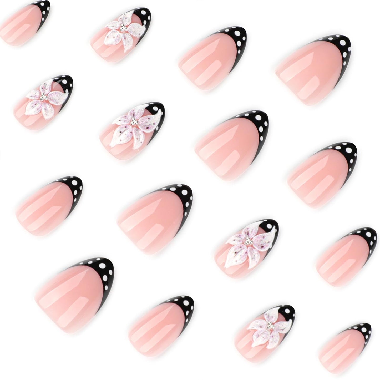 Mivota Luxury Press-On Nails | Short Almond French Tip in Nude Pink with 3D Flower & Polka Dot Design - Reusable, Salon Quality