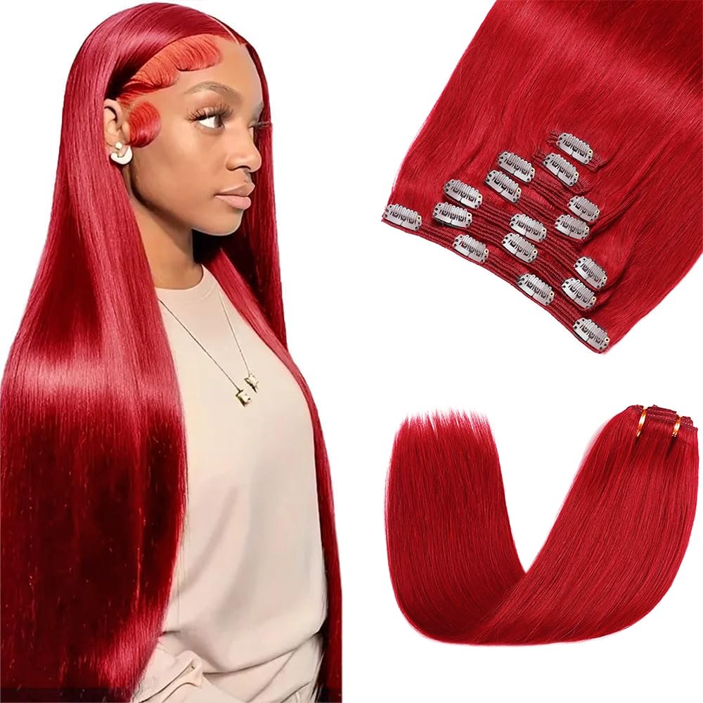 Red Clip in Hair Extensions Real Human Hair,24 Inch 120g/7Pcs,Full Shine Bright Red Hair,Wine Red Straight Clip ins Brazilian Virgin Human Hair Extensions