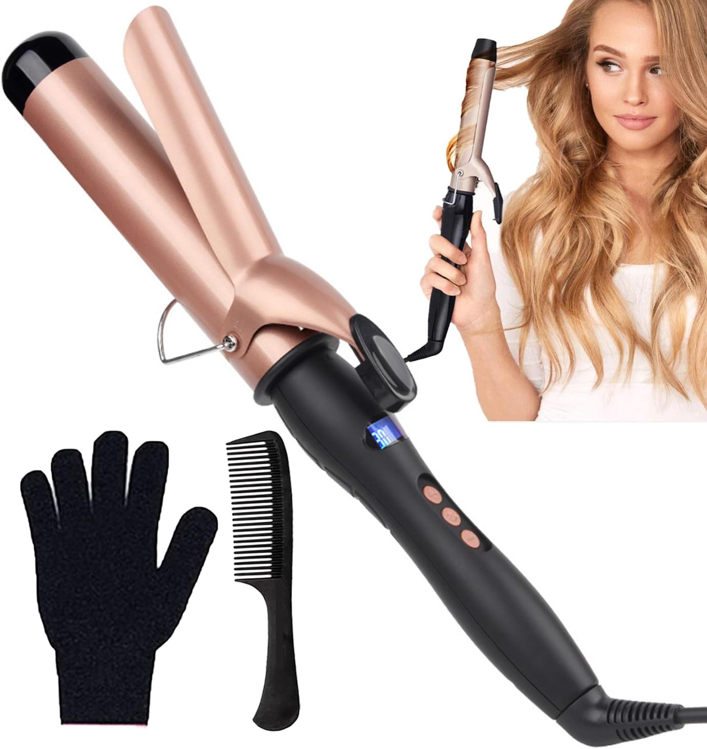 Curling Iron Set - 38mm Hair Curling Wand with Gloves & Comb | Instant Heat, LCD Display, Adjustable Temperature