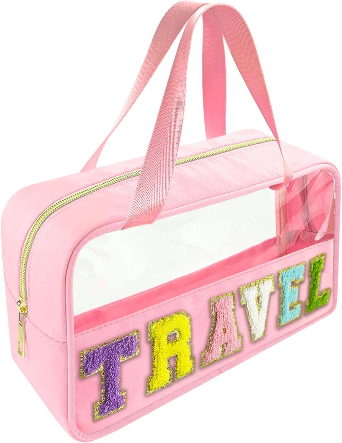Chenille Letter Clear Makeup Bag - Waterproof Travel Toiletry Bag with Handle | Preppy Dance Patch Design (Black)
