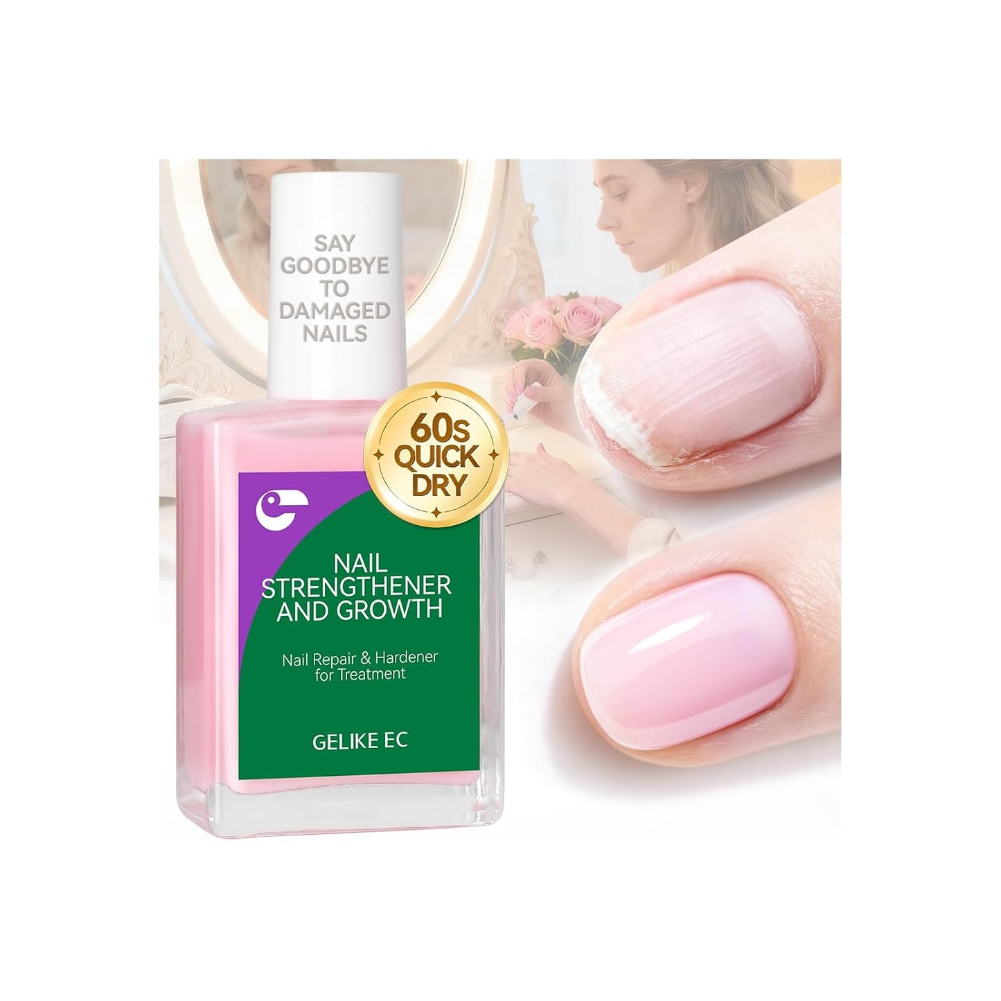 Nail Growth Strengthener - Gelike 6-in-1 Natural Hardener for Weak Nails | Nude Blush Color