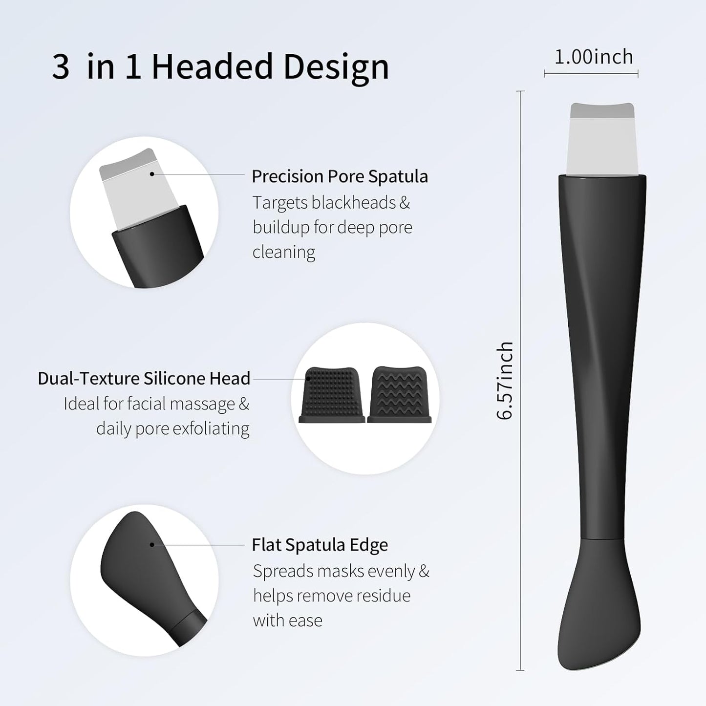 Blackhead Remover Tool - Stainless Steel Face Scraper & Skin Scrubber | 3-in-1 Deep Cleansing Tool with Mask Applicator & 2 Silicone Heads (Black)