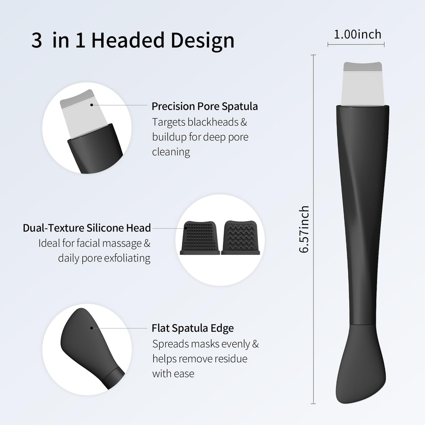 Vangines Blackhead Remover Tool, Stainless Steel Face Scraper, Skin Scrubber Face Spatula for Deep Cleansing, 3-in-1 Skin Care Tool with Blackhead Scraper, Mask Applicator & 2 Silicone Heads (Black)