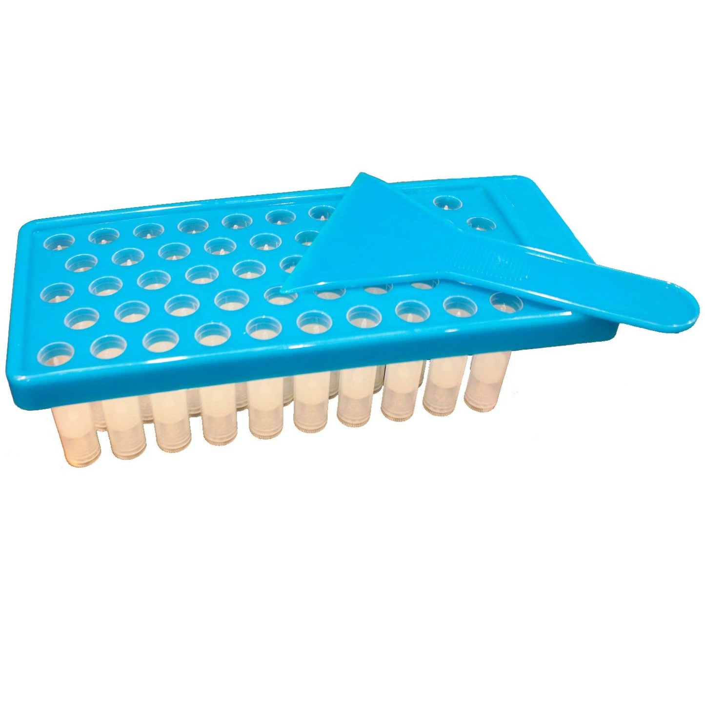 Lip Balm Container Tray Kit - 50 BPA-Free Clear Containers with Caps | Includes Fill Tray & Spatula (0.15 oz Each)
