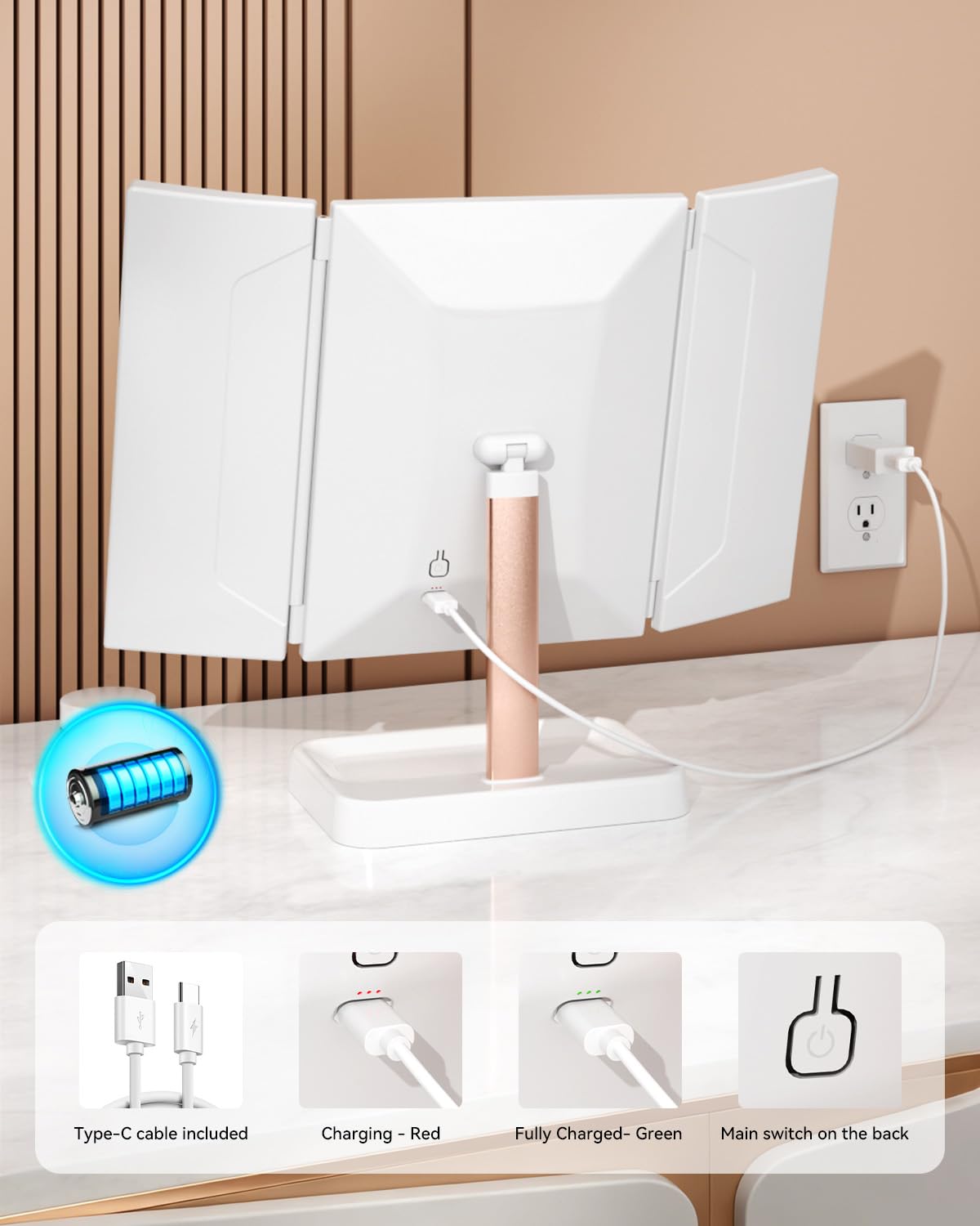 CALEPOP Lighted Makeup Mirror with Magnification, Rechargeable Vanity Mirror with Lights, 1X/2X/3X Trifold Desk Mirror, 76 LEDs, 3 Color Touch Dimming, 9 x 14 in