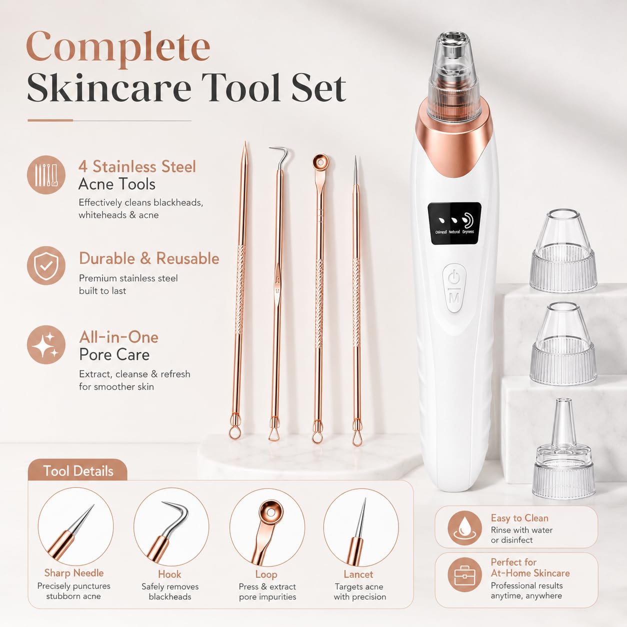 Pore Vacuum - Rechargeable Blackhead Remover with 5 Suction Heads | Adjustable Suction Levels & Stainless Steel Tools - At-Home Skincare Kit